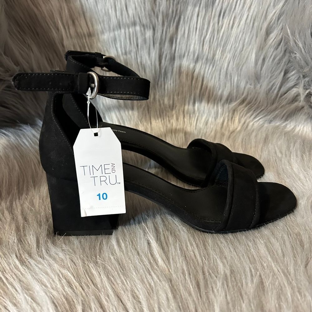 Time And Tru Block Heels Womens Size 10 Black Open Toe Shoes Ankle Strap NEW